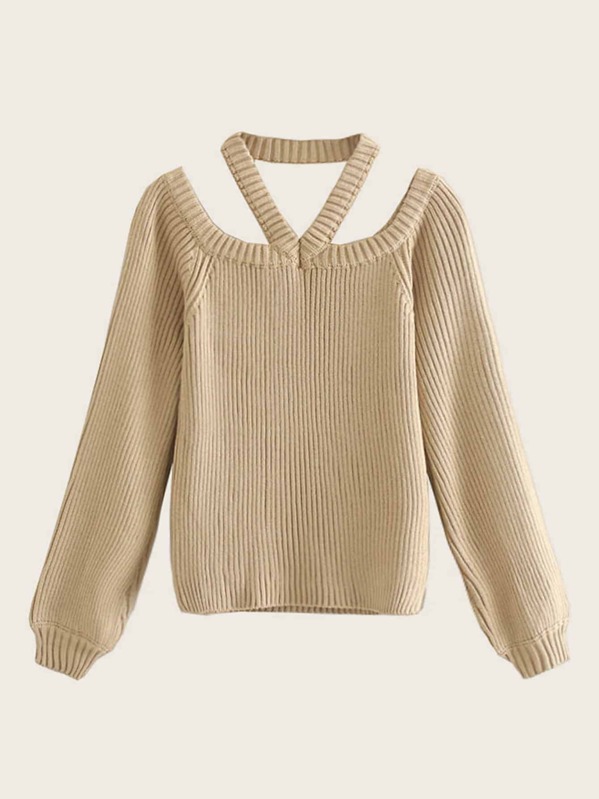 

Raglan Sleeve Ribbed Knit Halter Jumper, Khaki