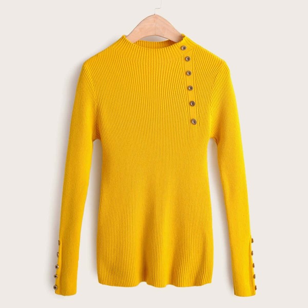 

Button Detail Rib Knit Basic Jumper