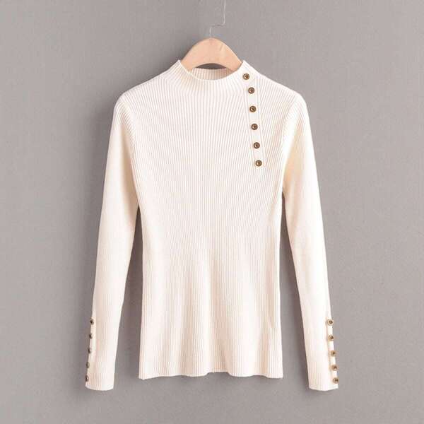 

Button Detail Rib Knit Basic Jumper, Beige