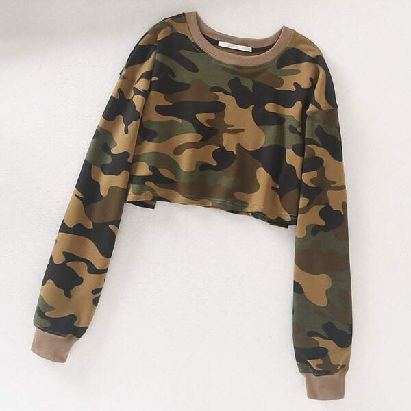 

Drop Shoulder Camo Print Crop Sweatshirt, Multicolor