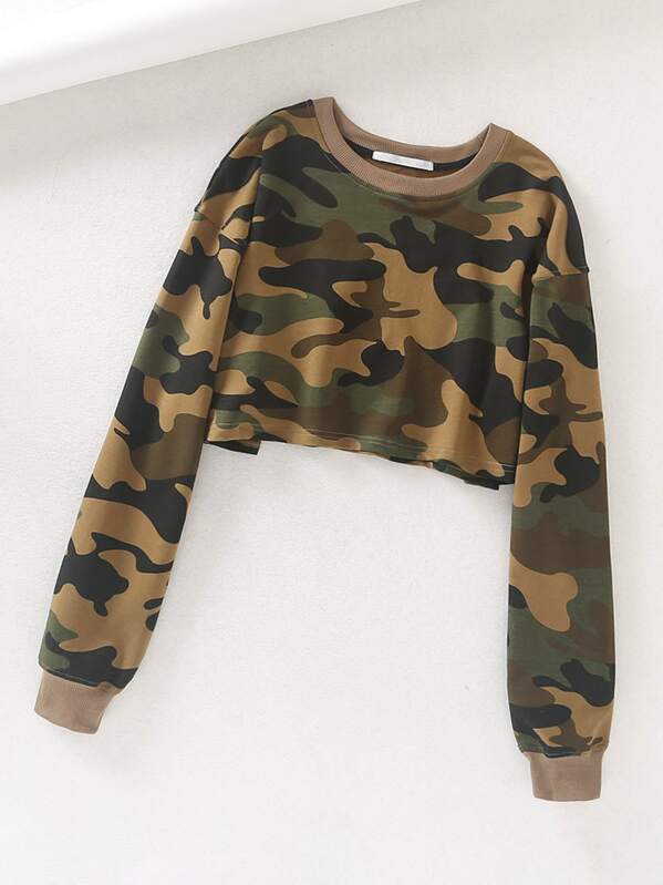 

Drop Shoulder Camo Print Crop Sweatshirt, Multicolor