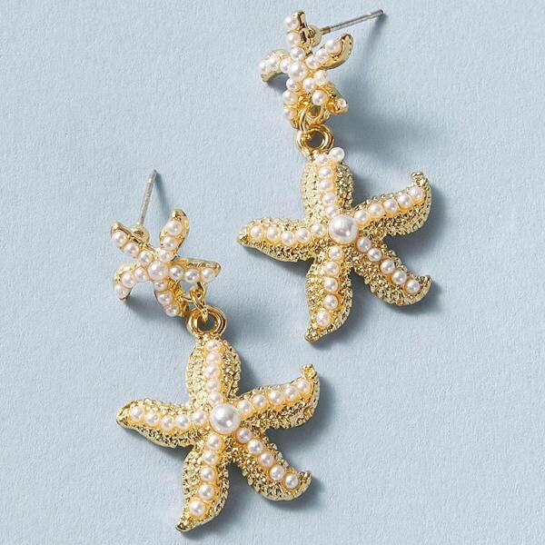 

Faux Pearl Decor Starfish Drop Earrings 1pair, Gold