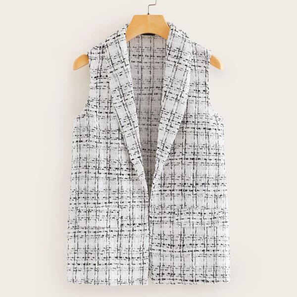 

Shawl Collar Plaid Tweed Vest Blazer, White