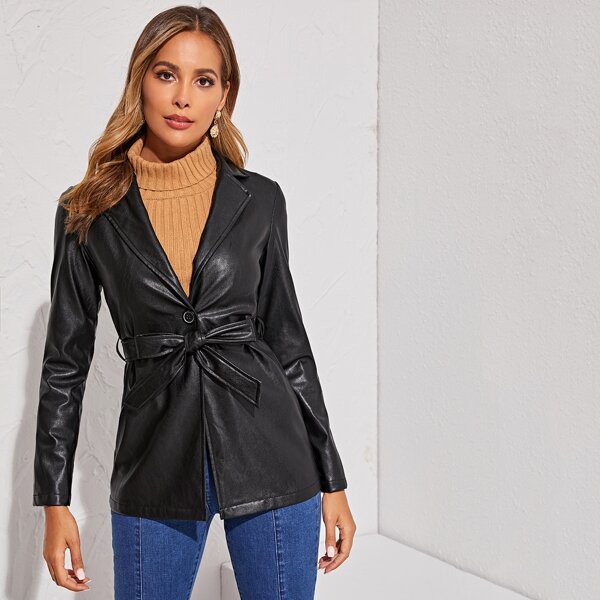 

Notched Collar Self Belted PU Blazer, Black