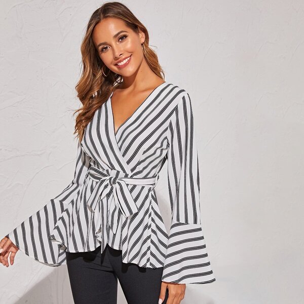

Bell Sleeve Ruffle Hem Striped Belted Wrap Blouse, Black and white