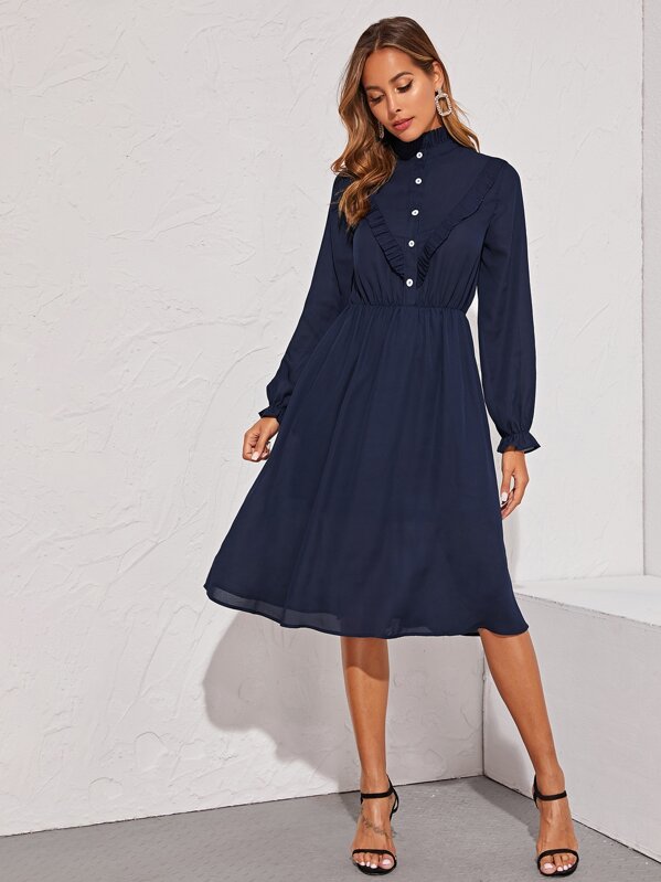 

Solid Buttoned Front Ruffle Trim Dress, Navy, Giulia