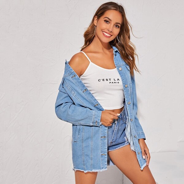 

Raw Hem Pocket Detail Denim Jacket, Blue pastel