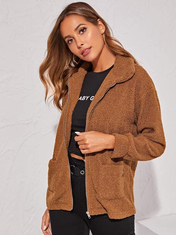 

Zip Up Pocket Side Teddy Jacket, Brown, Giulia
