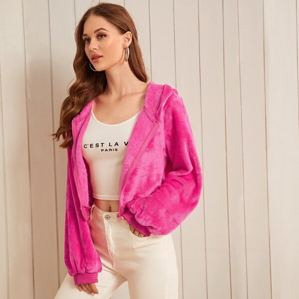 

Neon Pink Zip Up Teddy Jacket, Pink bright