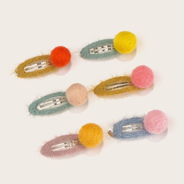 

Toddler Girls Fluffy Pom Pom Decor Hair Clip 6pcs