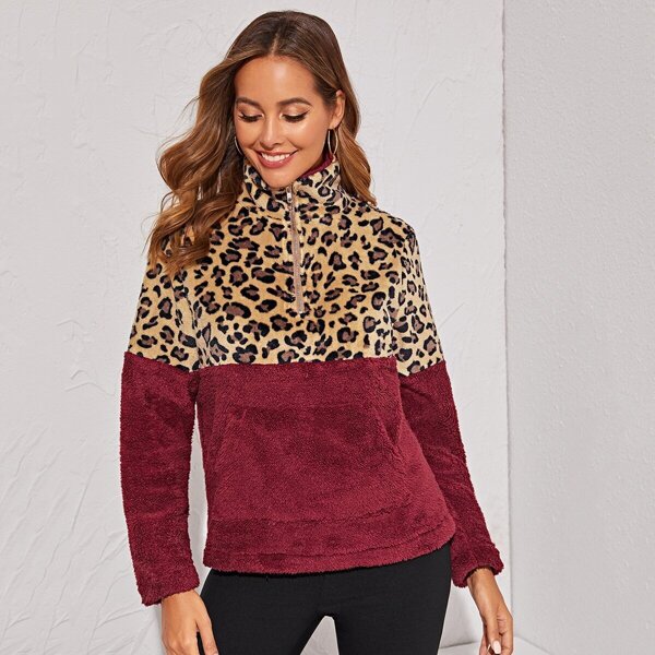 

Zip Half Placket Leopard Teddy Sweatshirt