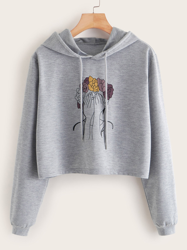 

Drawstring Detail Figure Graphic Hoodie, Grey