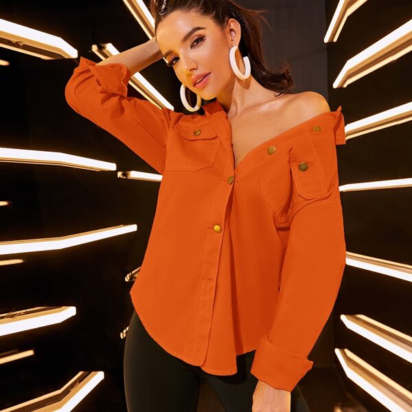 

Neon Orange Flap Pocket Denim Blouse