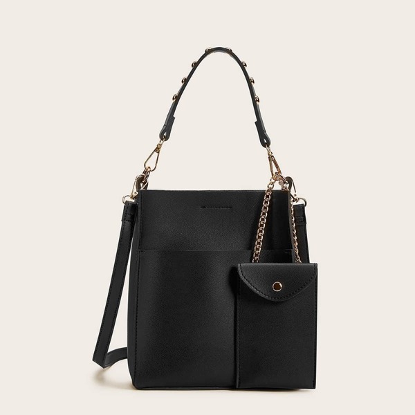 

Plain Shoulder Bag With Card Pouch 2pcs, Black