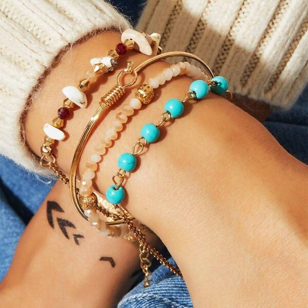 

Stone & Bead Detail Bracelet Set 5pcs