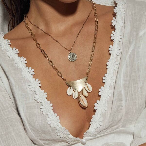 

Shell & Coin Charm Chain Necklace 1pc, Multicolor