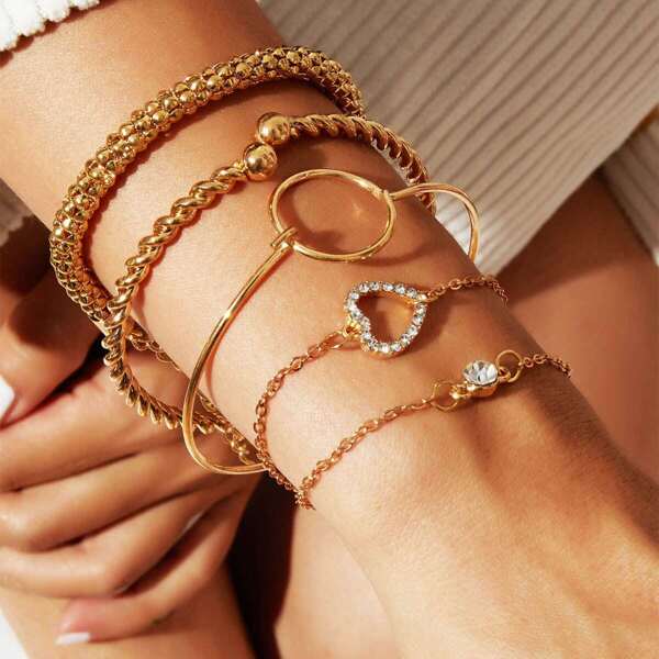 

Rhinestone Engrave Heart & Ring Decor Bracelet 5pcs, Gold