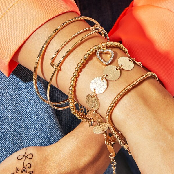 

Textured & Heart Shaped Charm Bracelet 5pcs, Gold