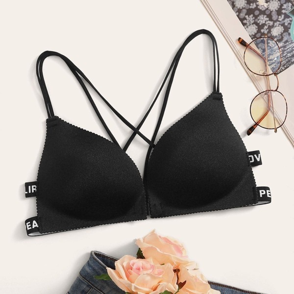 

Letter Print Strap Criss Cross Bra, Black