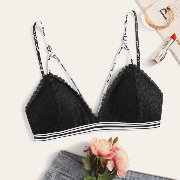 

Letter Print Strap Harness Lace Bralette, Black