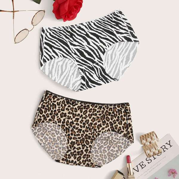 

Leopard & Zebra Pattern Print Panty Set 2pack, Multicolor