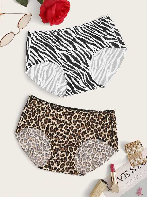 

Leopard & Zebra Pattern Print Panty Set 2pack, Multicolor
