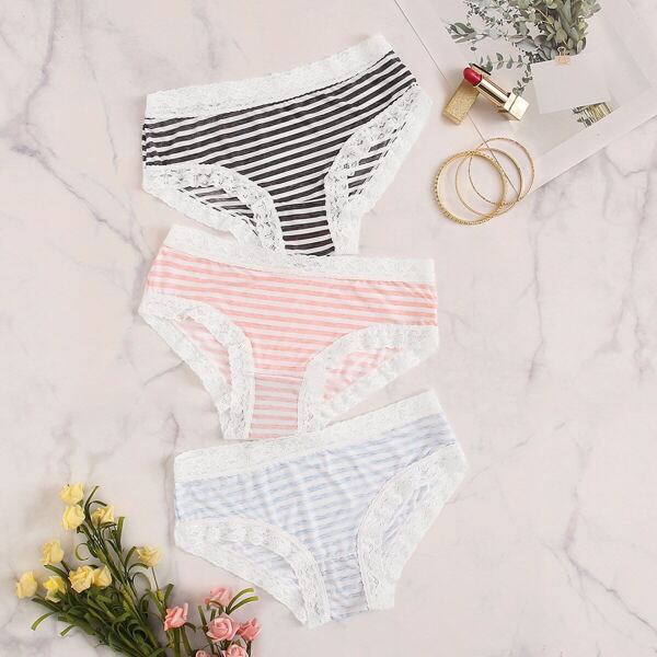 

Striped Lace Trim Panty Set 3pack, Multicolor