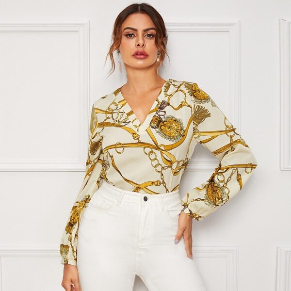

V-neck Chain Print Blouse, Multicolor