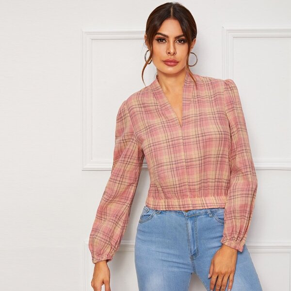 

V-neck Plaid Puff Sleeve Blouse, Pink
