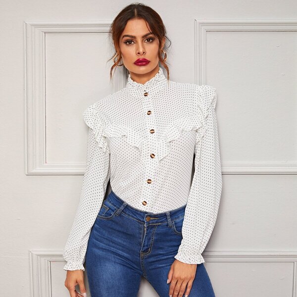 

Polka Dot Frill Trim Button Through Blouse, White
