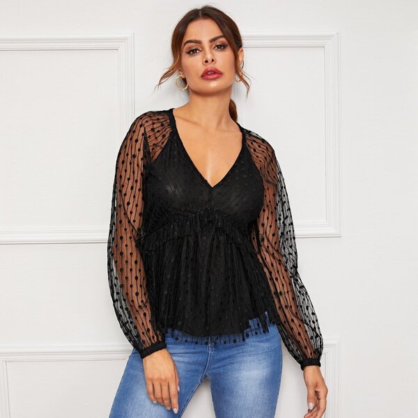

Deep V-neck Dobby Mesh Babydoll Blouse, Black