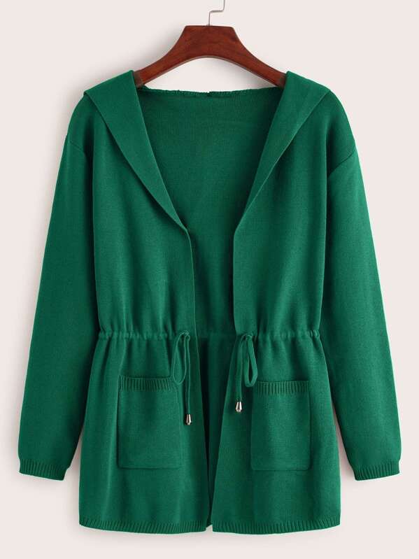 

Drawstring Dual Pocket Hooded Cardigan, Green