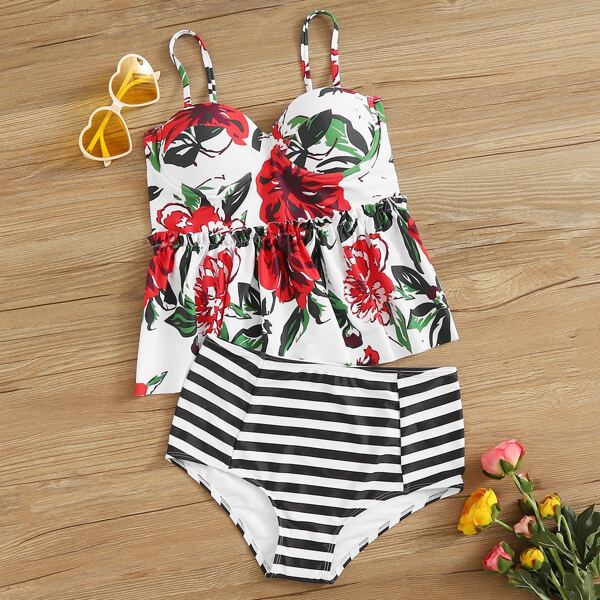 

Random Floral Tie Back Ruffle Hem Tankini, Multicolor