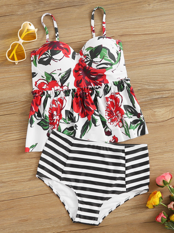 

Random Floral Tie Back Ruffle Hem Tankini, Multicolor