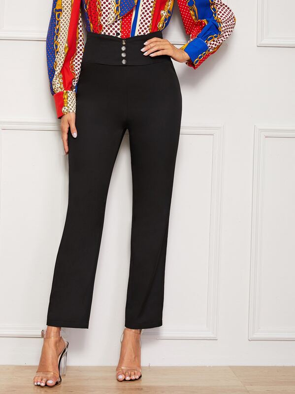 

Button Front Zip Back Straight Pants, Black, Andy