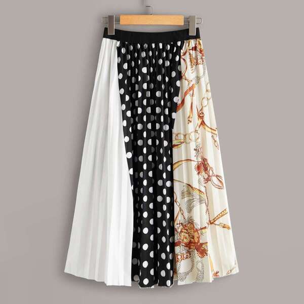 

Cut And Sew Polka Dot Chain Print Pleated Skirt, Multicolor