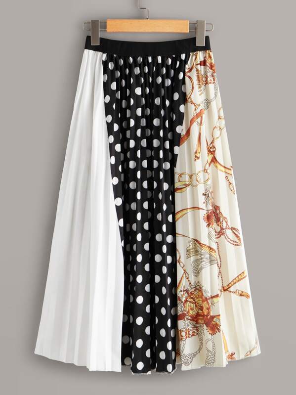

Cut And Sew Polka Dot Chain Print Pleated Skirt, Multicolor