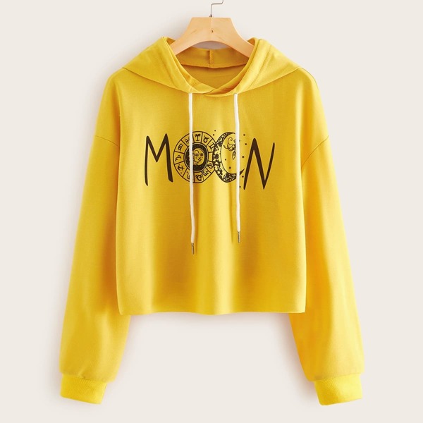 

Moon & Letter Print Drawstring Hoodie, Yellow bright