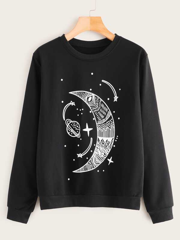 

Moon & Star Print Round Neck Sweatshirt, Black