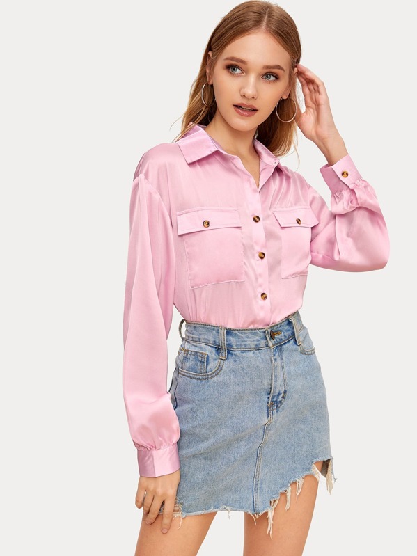 

Solid Flap Pocket Front Satin Utility Blouse, Pink, Sava