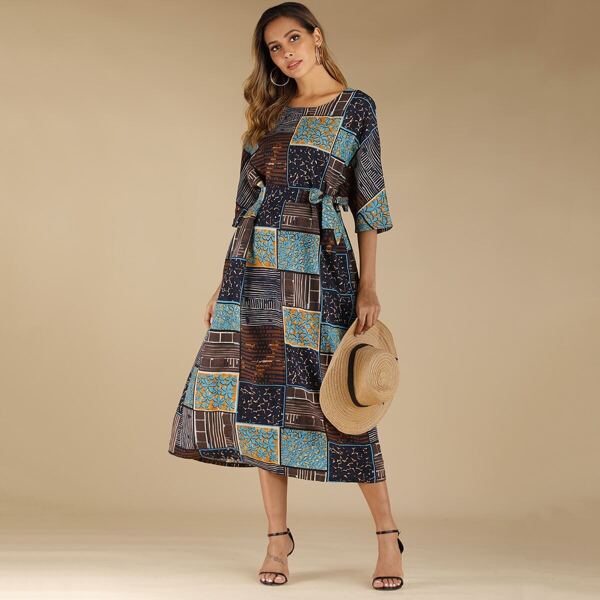 

Graphic Print Patchwork Belted Dress, Multicolor