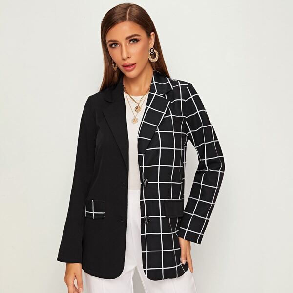 

Plaid Lapel Collar Single Breasted Blazer, Black