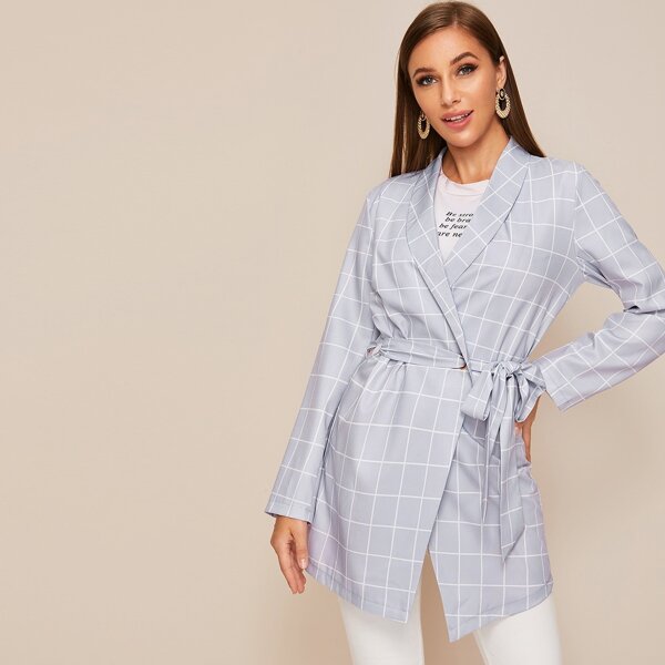 

Plaid Knot Side Shawl Collar Blazer, Grey