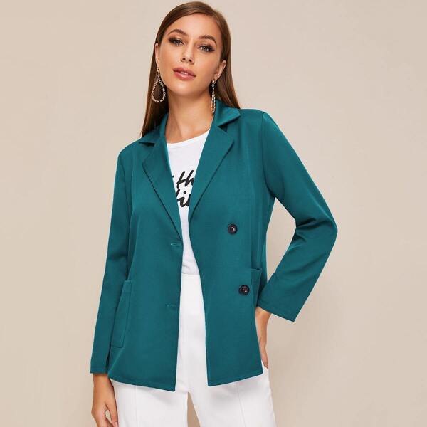 

Solid Dual Pocket Single Breasted Blazer, Green