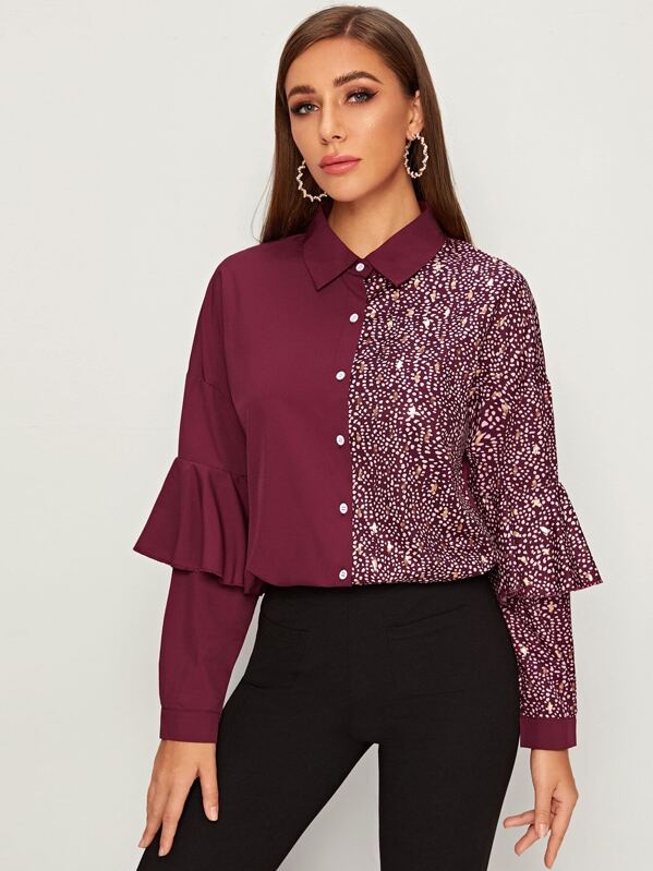 

Dalmatian Ruffle Trim Curved Hem Blouse, Multicolor, Hanna