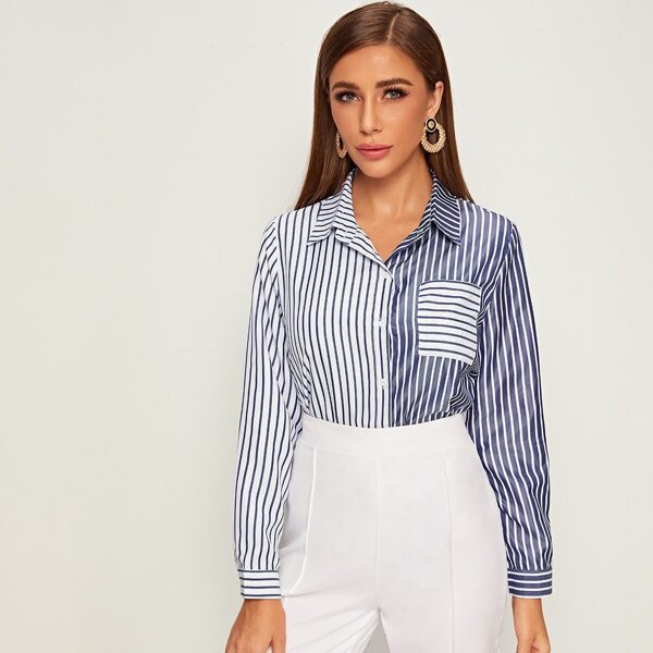 Striped Pocket Patched Curved Hem Blouse, Blue