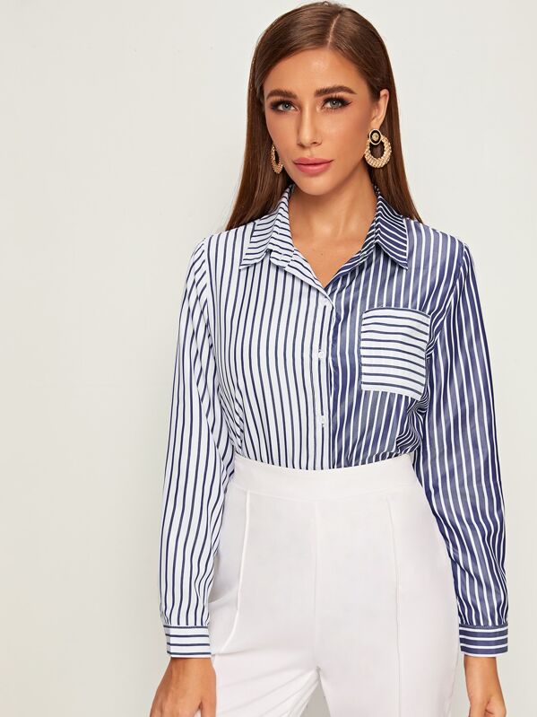 

Striped Pocket Patched Curved Hem Blouse, Blue, Hanna