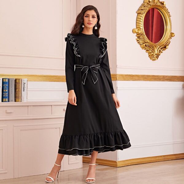 

Contrast Binding Ruffle Trim Belted Dress, Black
