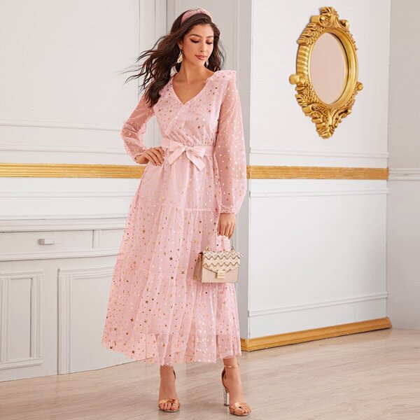 

Gold Print Contrast Mesh Belted Dress, Pink