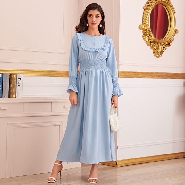 

Shirred Ruffle Trim Flounce Sleeve Maxi Dress, Blue